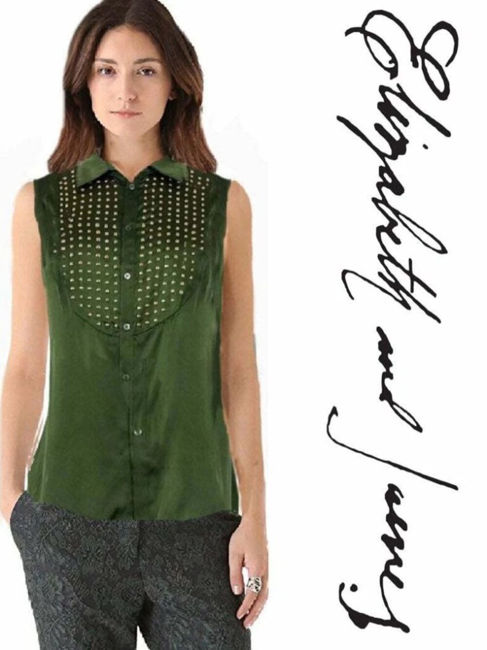 ELIZABETH AND JAMES Misaki Green Studded Silk Top Size XS NWT $345